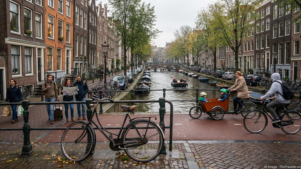 Autumn afternoon in Amsterdam's Jordaan district with canal, bicycles, and pedestrians.