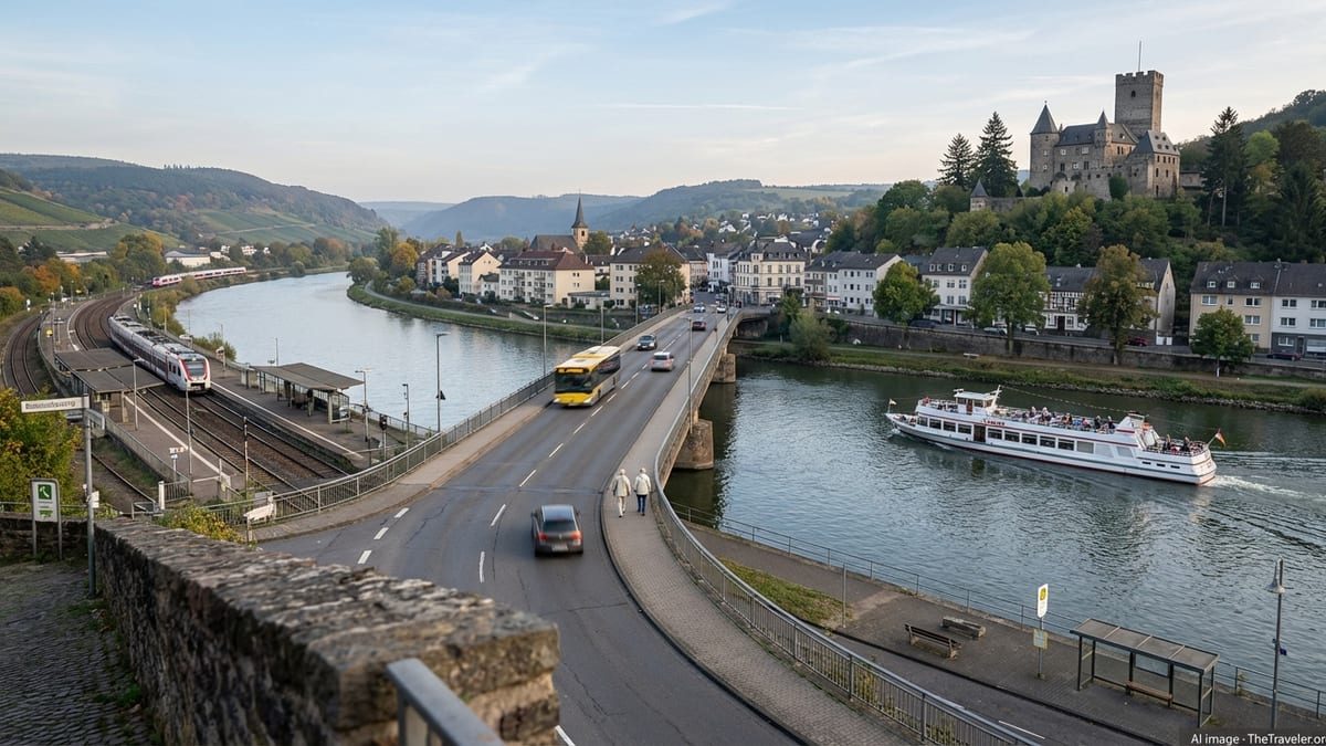 Autumn view of Lahn and Rhine rivers confluence with local transportation and architecture.