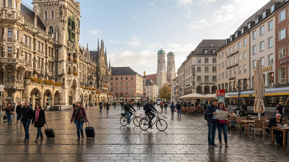 Autumn afternoon view of Marienplatz, Munich with wet cobblestones and locals.