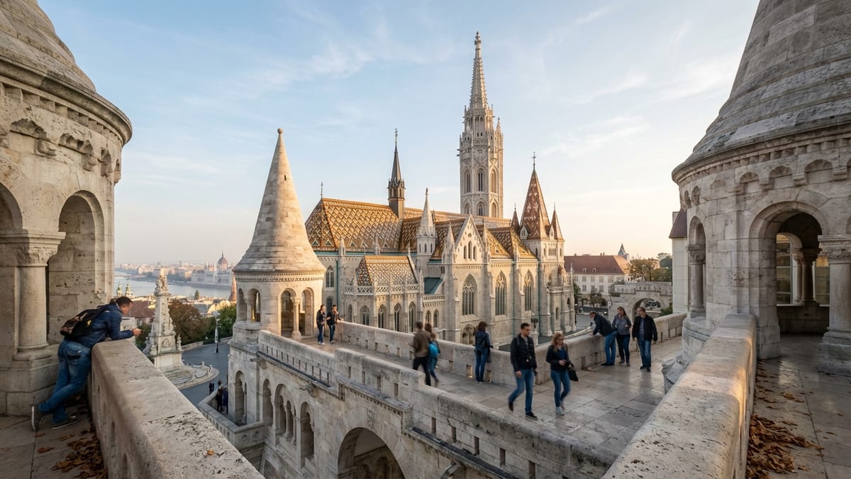 Autumn afternoon view of Matthias Church from Fisherman's Bastion, Budapest. 