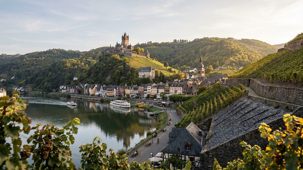 Autumn view of Reichsburg Cochem, Moselle River, and vineyards from a hillside path. 