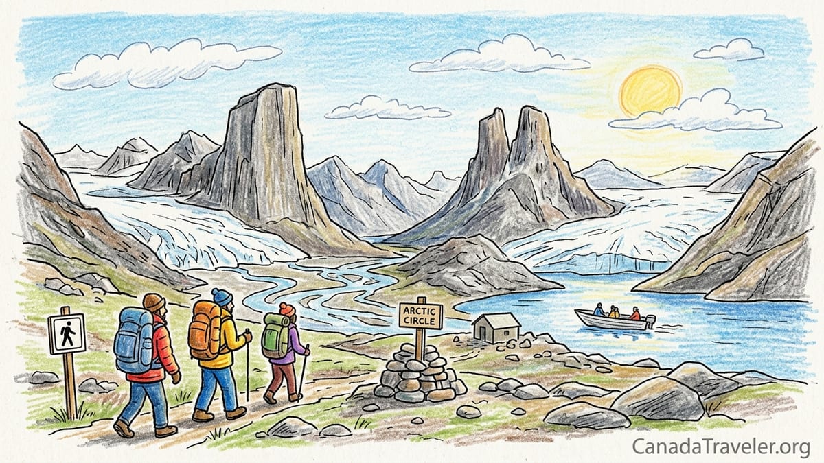 Aerial view of hikers in Akshayuk Pass below Mount Thor in Auyuittuq National Park.