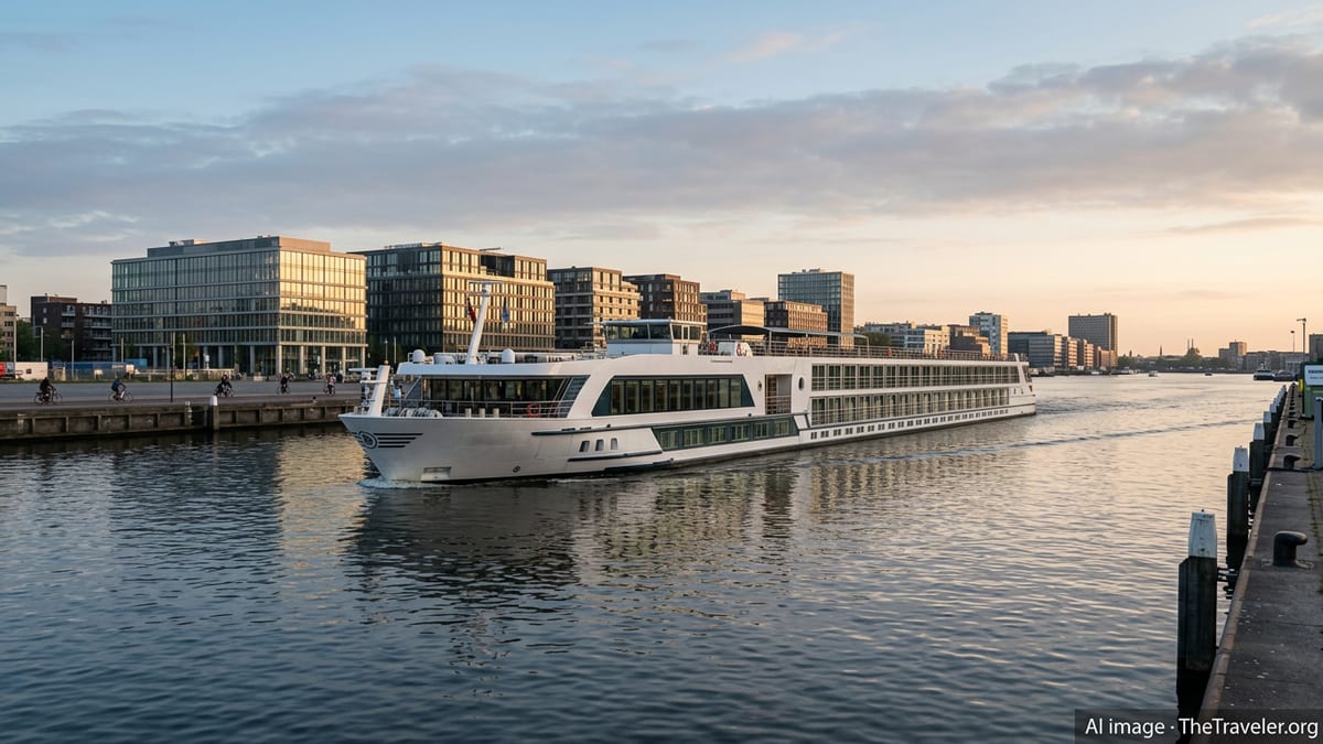 River cruise ship sails past Amsterdam waterfront at golden hour, with modern buildings and calm reflections.