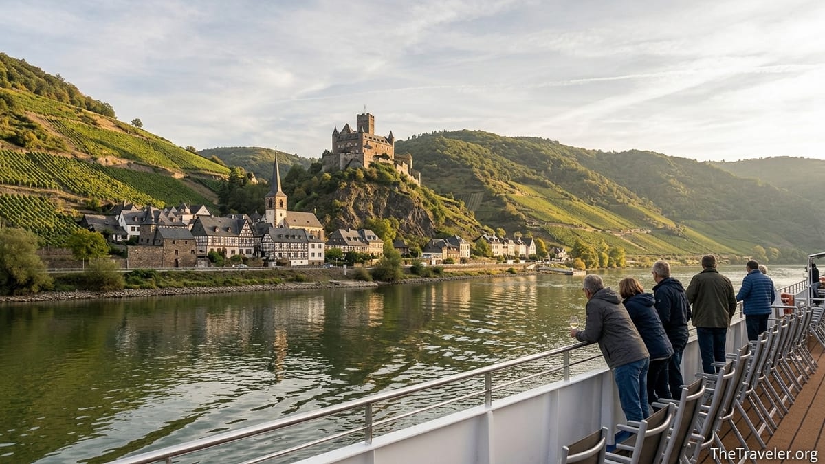 Passengers on a river cruise ship view vineyards and a hilltop castle on the Rhine at sunset.