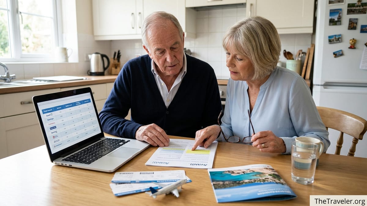 Older couple compares Avanti travel insurance documents at a kitchen table before a trip.
