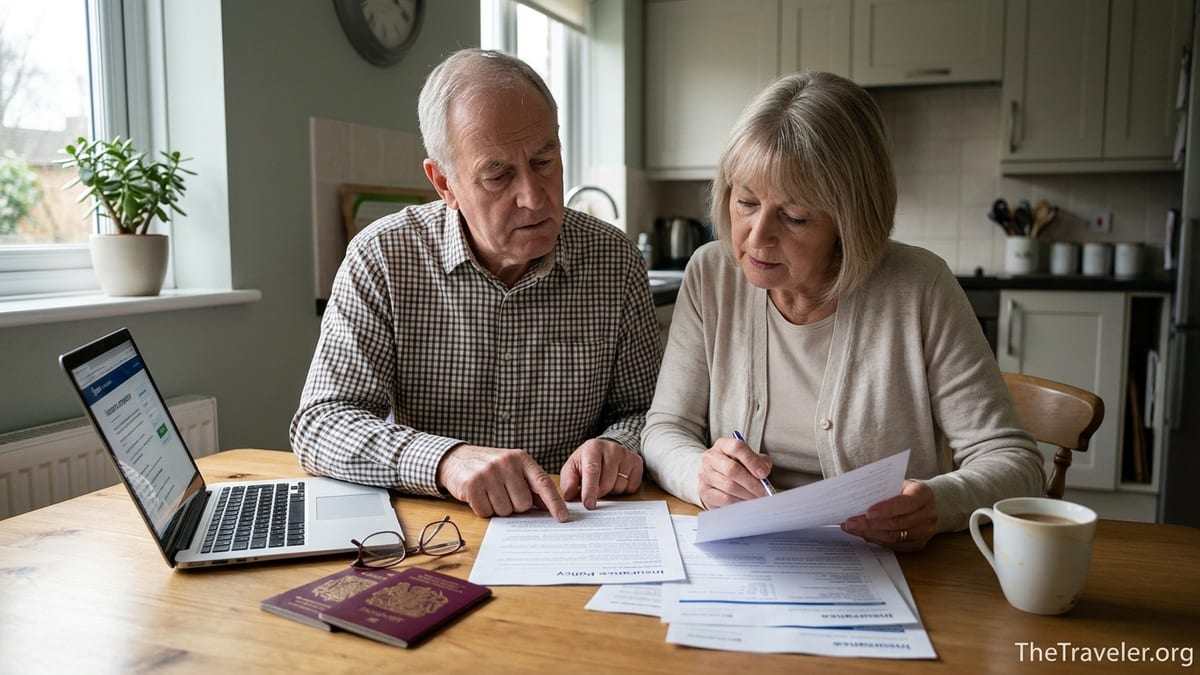 Older couple at a kitchen table reviewing travel insurance documents before a trip.