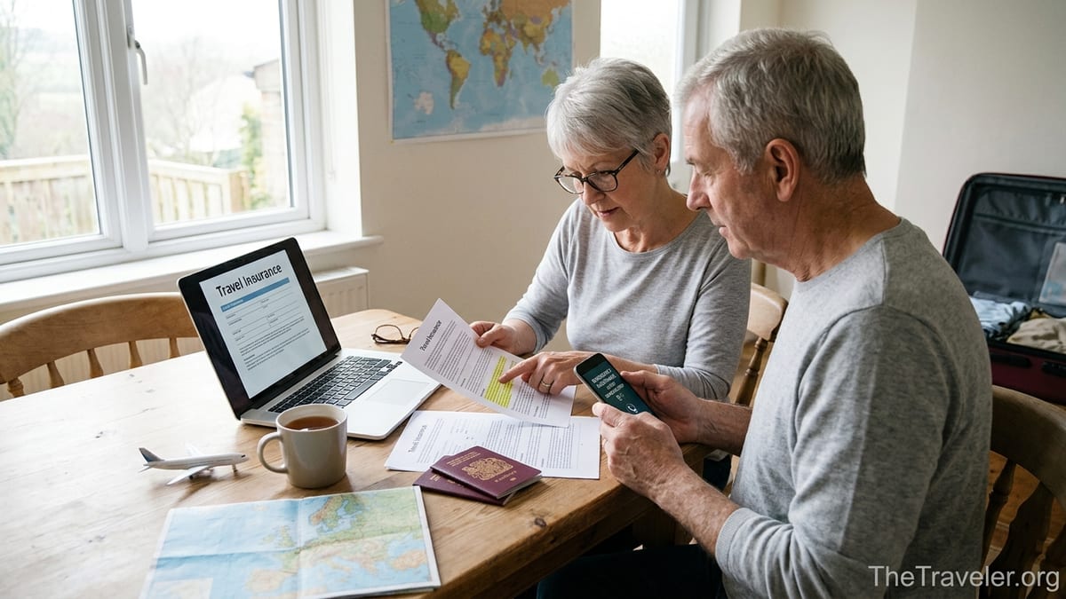 Older couple reviewing Avanti travel insurance documents at a kitchen table before a trip.