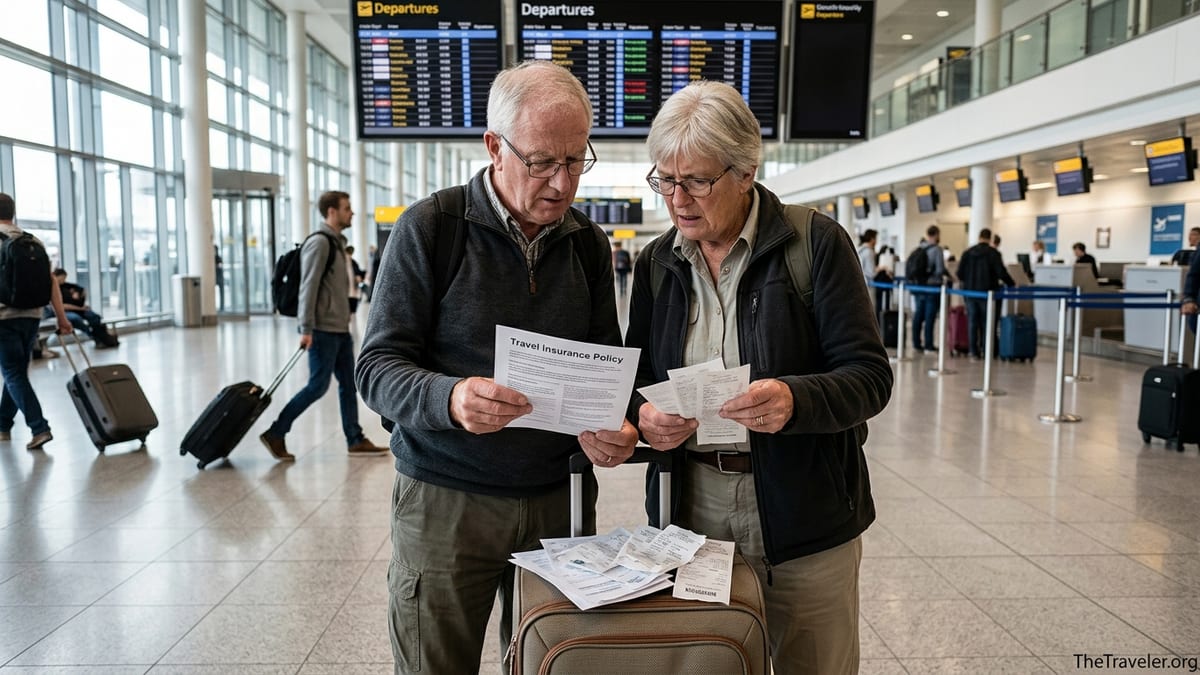 Older couple in an airport looking worried over travel insurance papers.