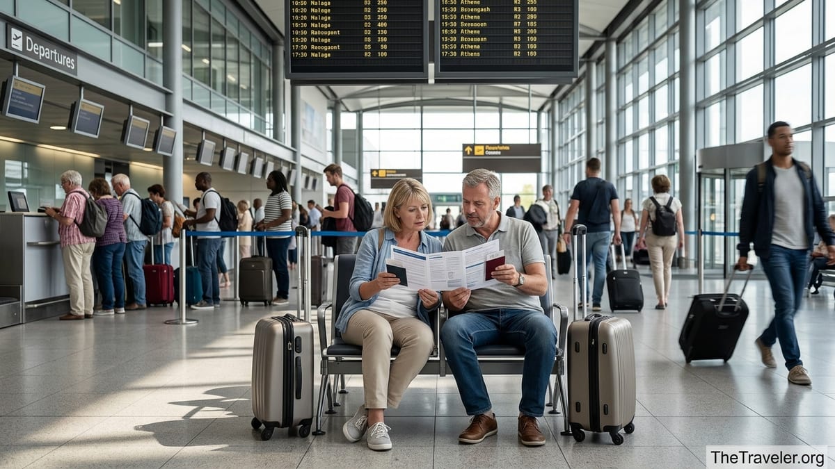Couple in a European airport reviewing travel insurance documents before their flight.