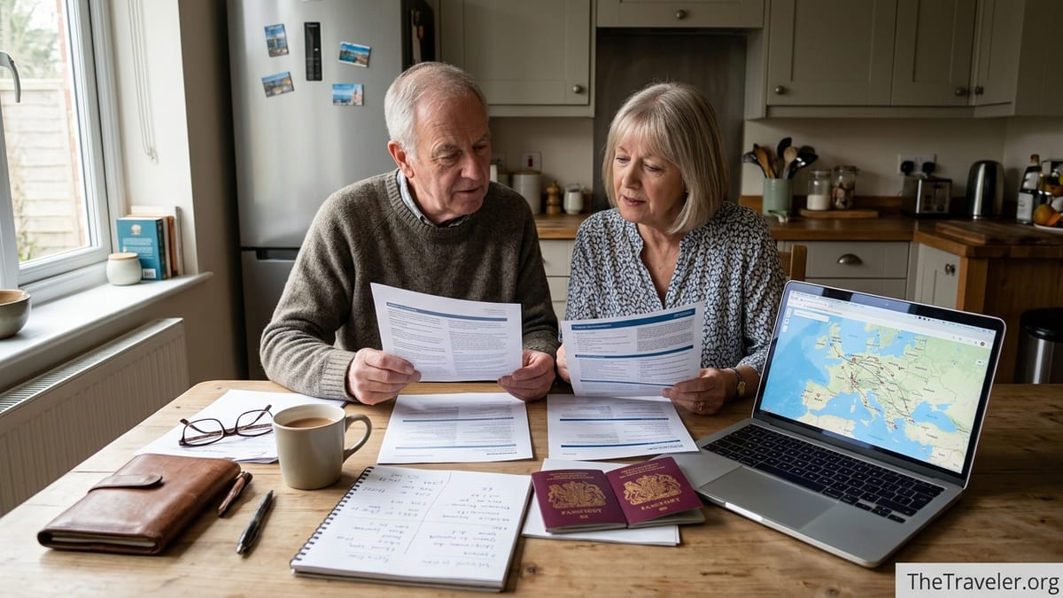 Older couple in a UK kitchen comparing travel insurance documents before a holiday.