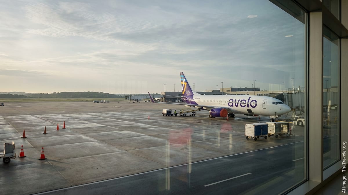 A lone Avelo Airlines 737 sits at a quiet regional airport gate in soft morning light.