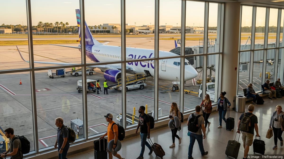 Avelo Boeing 737 at a sunny fall gate with passengers boarding at a compact U.S. airport.