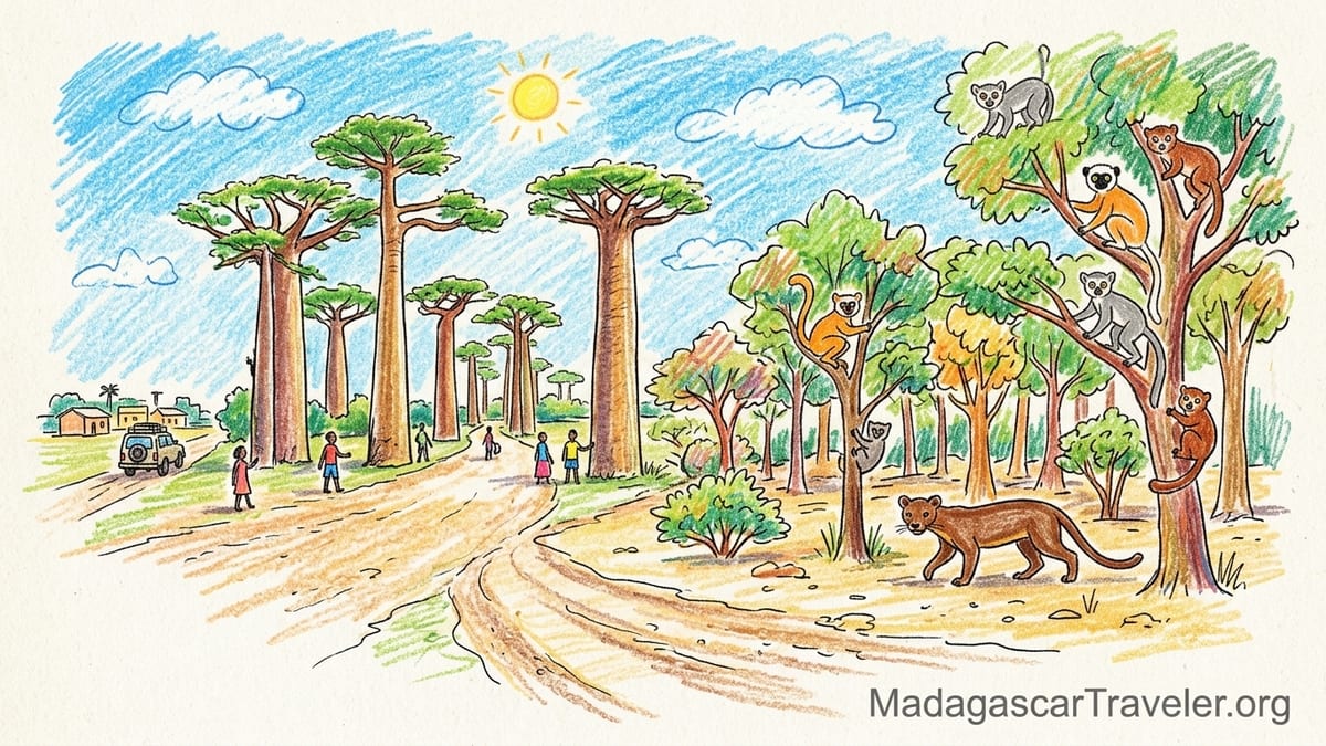 Golden hour view of Madagascar’s Avenue of the Baobabs with a 4x4 and travelers on the dusty road