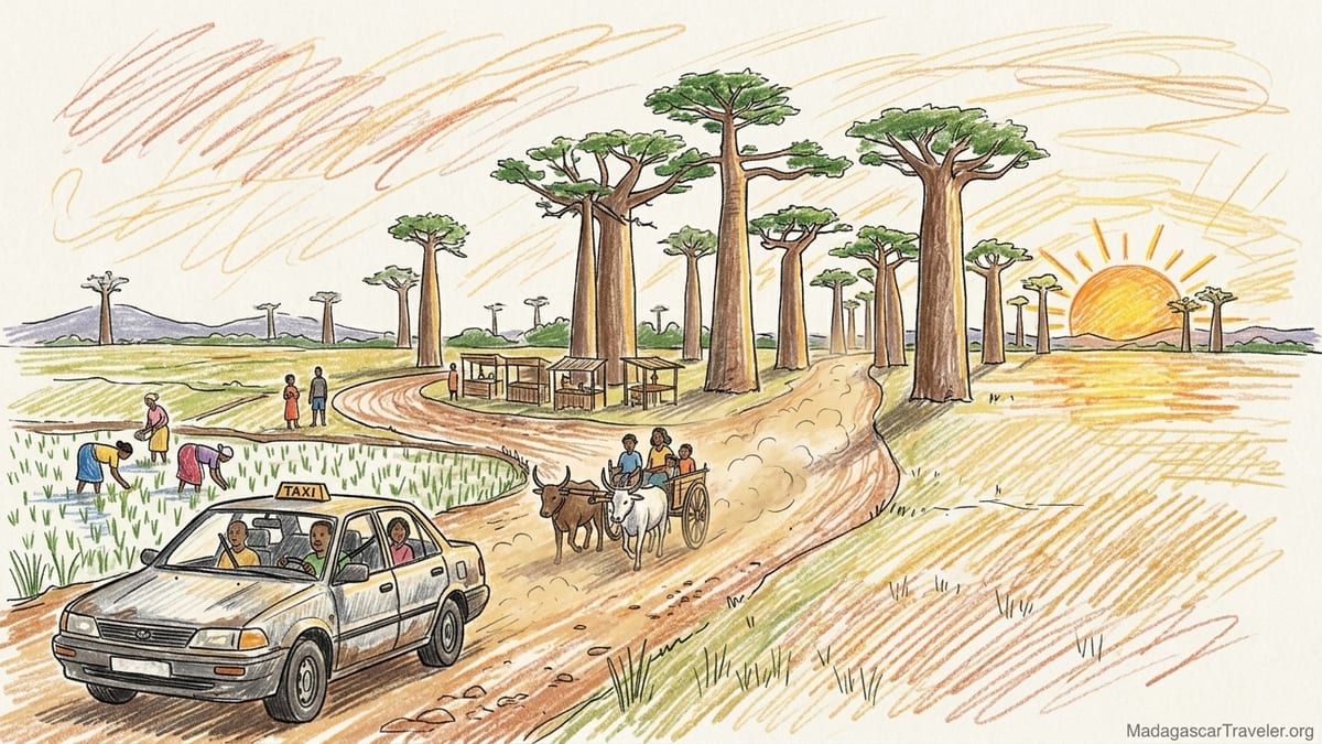 Sunrise light and dust over Madagascar’s Avenue of the Baobabs near Morondava.