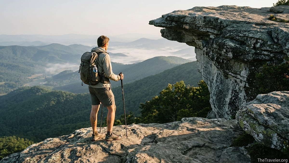 Average hiker standing on McAfee Knob along the Appalachian Trail at sunrise, overlooking misty Blue Ridge Mountains.