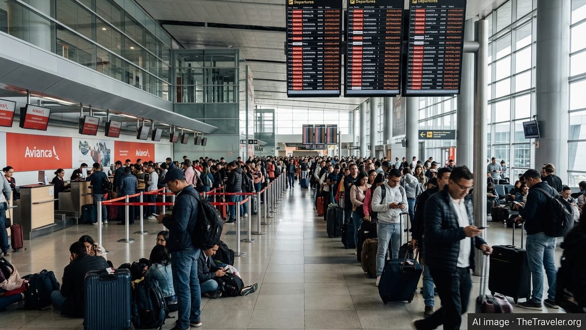 Crowded Avianca check-in area in Bogota airport with long lines after multiple flight cancellations.