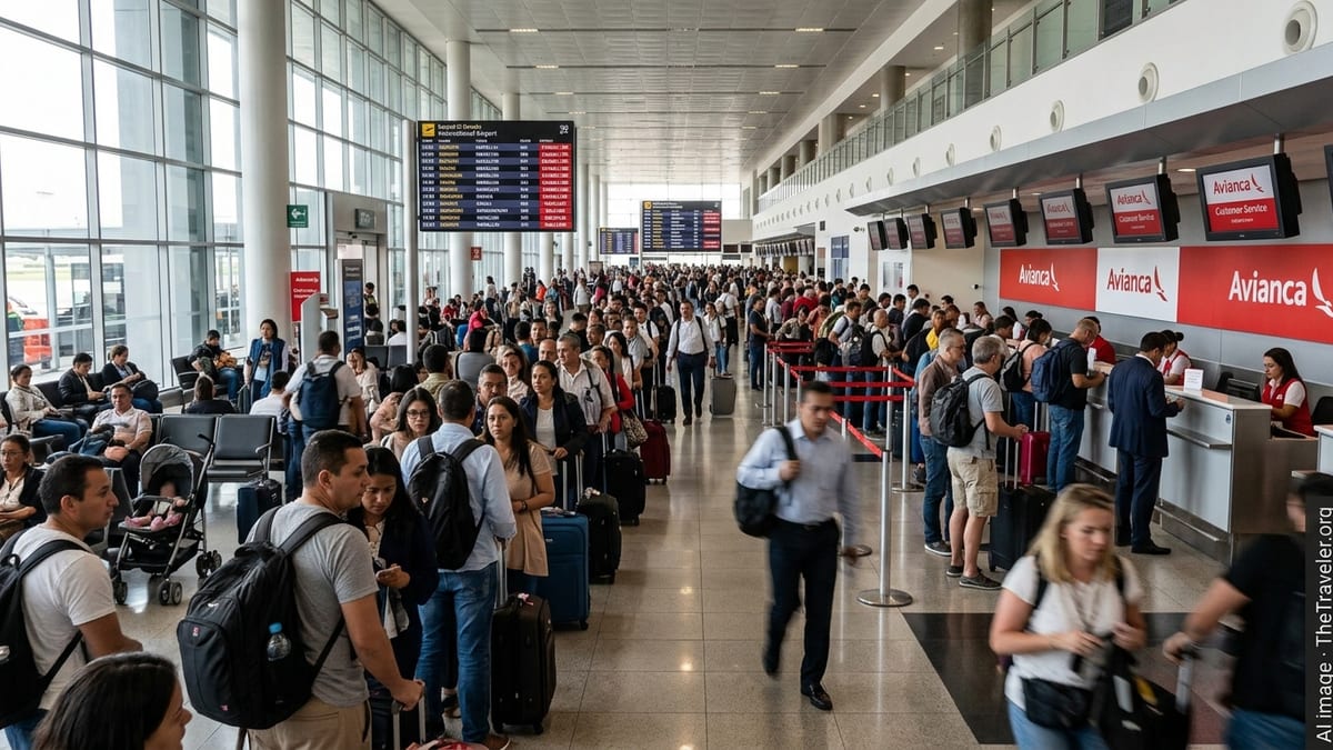 Crowded Avianca check-in area at Bogotá airport with travelers waiting amid flight cancellations.