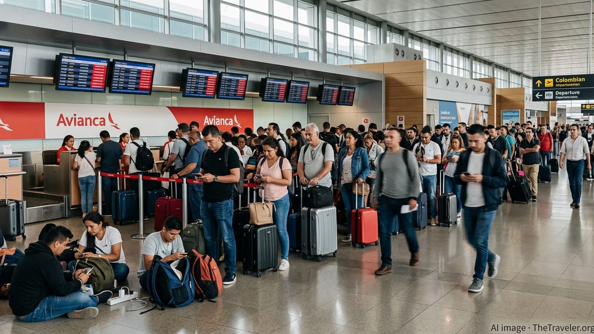 Crowded Avianca check-in area in Bogota airport with multiple cancelled flights on screens.