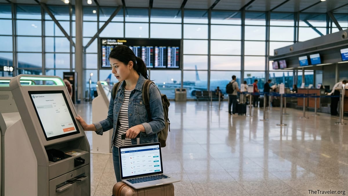 Traveler at airport kiosk noticing higher flight price at checkout than on laptop search.