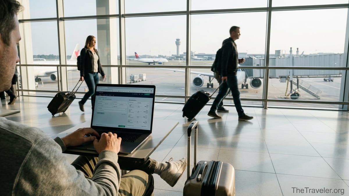 Traveler using a laptop to compare multi city and simple flight routes in a bright airport terminal.