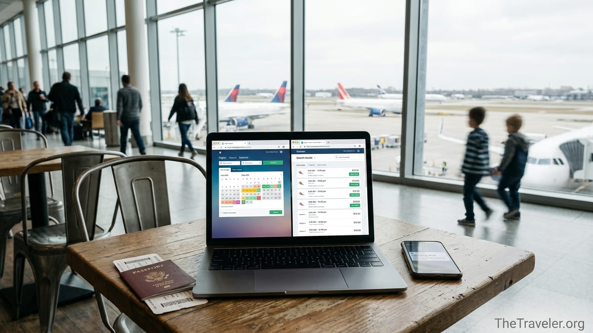 Traveler comparing two flight search sites on a laptop at an airport café.