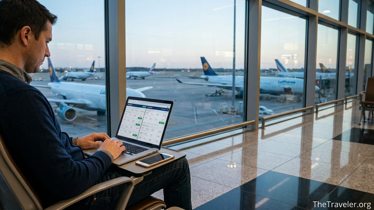 Traveler comparing international flight prices on a laptop in an airport terminal at sunset