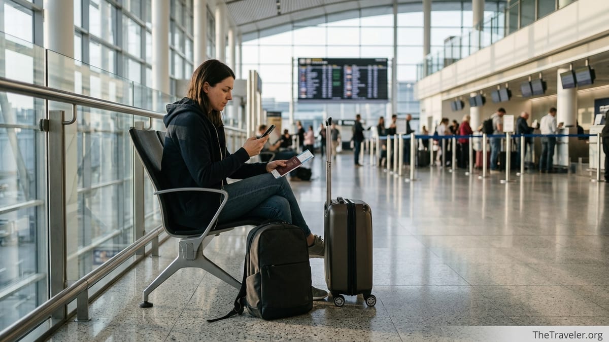 Traveler in an airport checking eSIM settings on a phone before a flight.