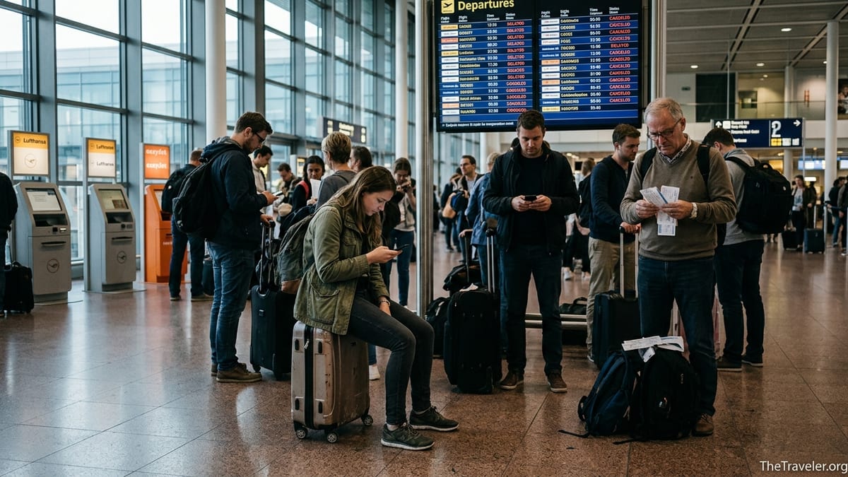 Passengers in a busy airport checking delayed flights and compensation emails