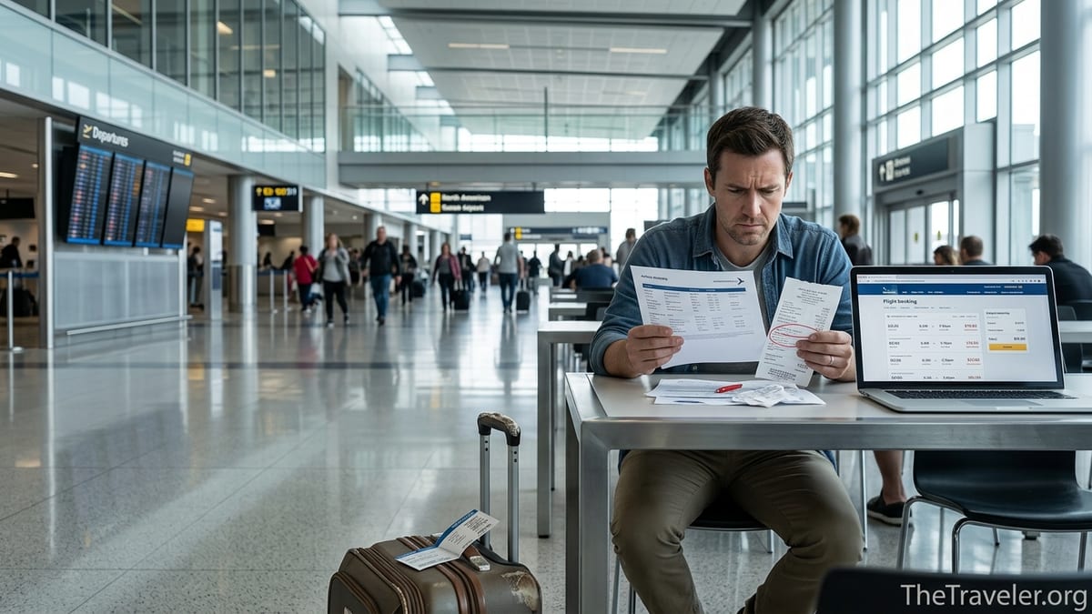 Traveler in an airport reviewing flight booking details on a laptop with receipts and luggage nearby.