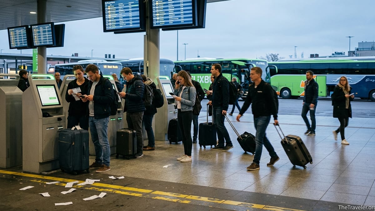 Travelers checking tickets and phones at a busy intercity bus terminal.
