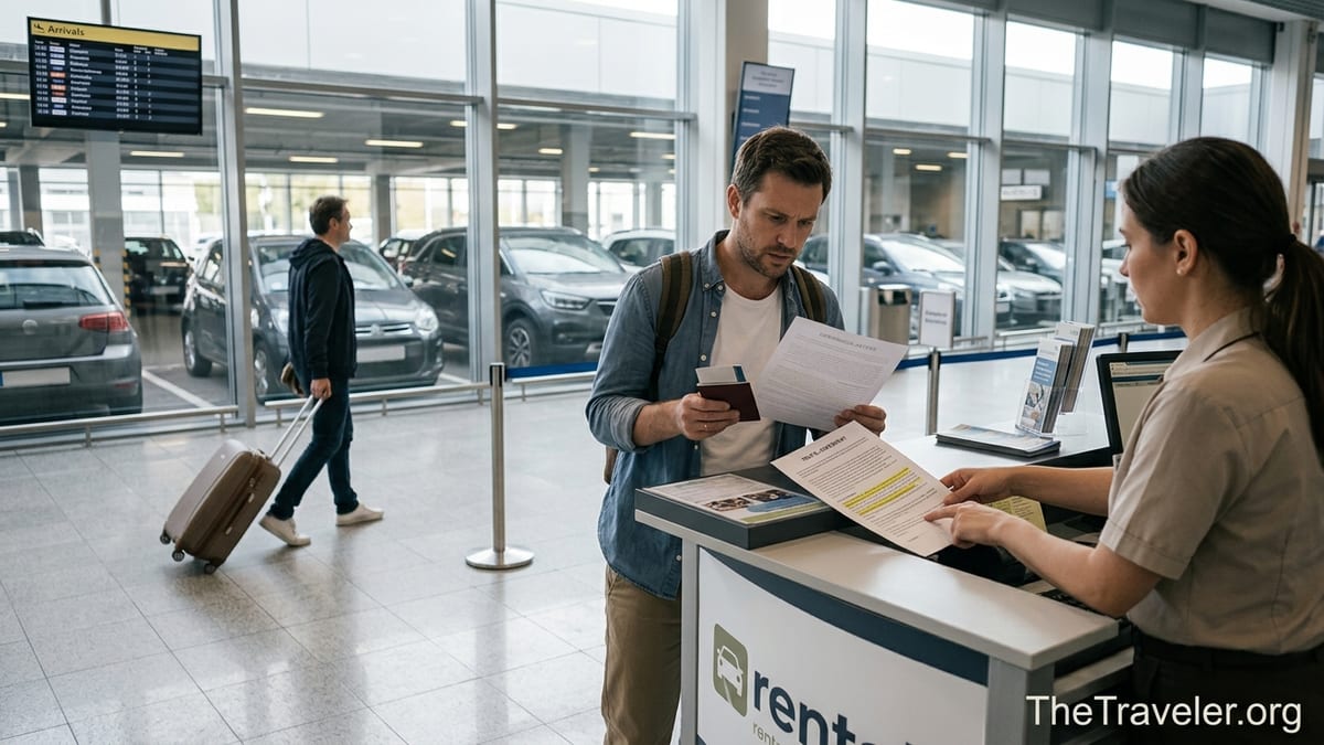 Traveler reviews a rental car agreement at an airport counter, focusing on insurance and deposit terms.