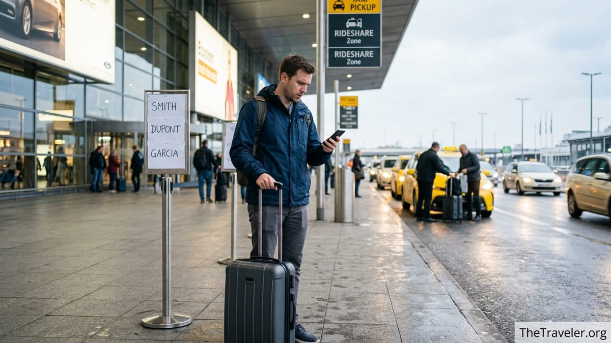 Traveler outside a European airport checking a transfer app as taxis wait at the curb.