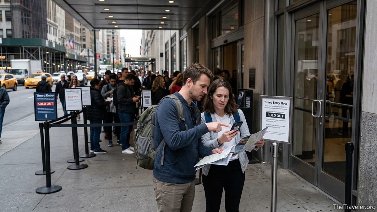 Travelers check a Go City style pass on their phone outside a busy city attraction entrance.