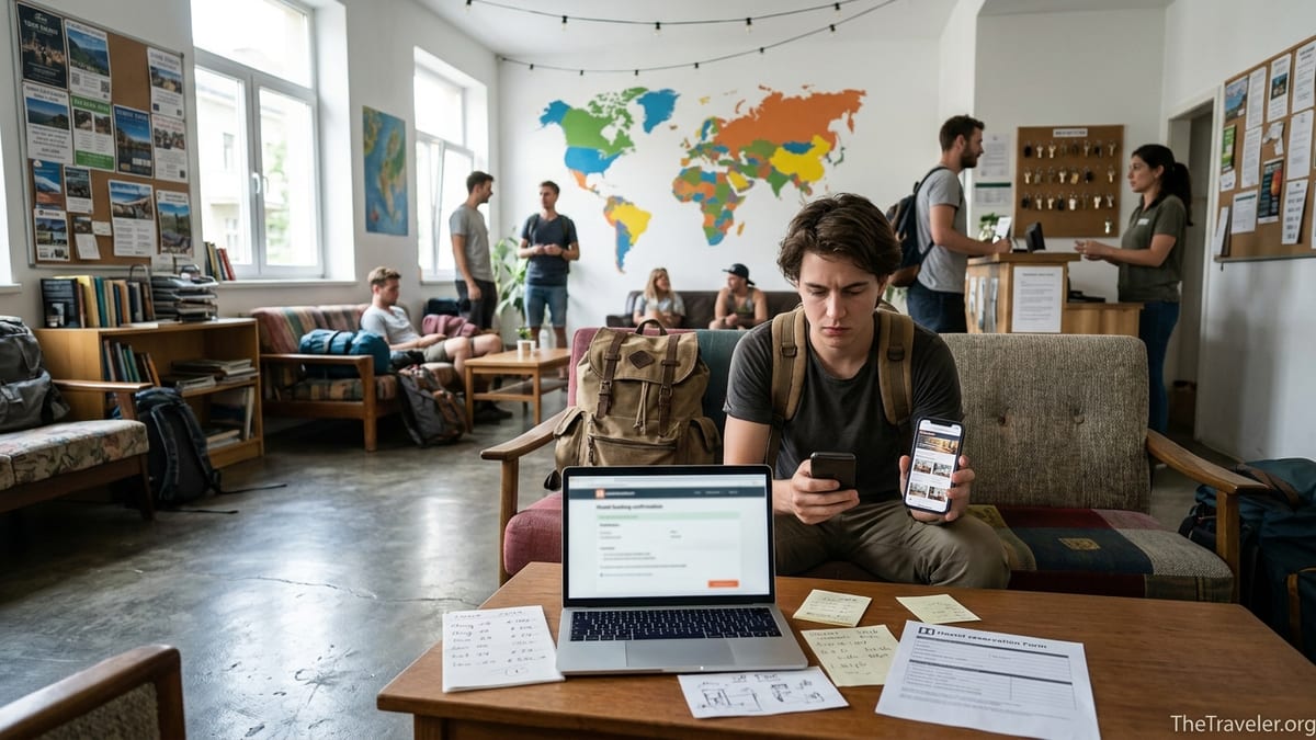 Backpacker checking hostel booking details in a busy hostel common room