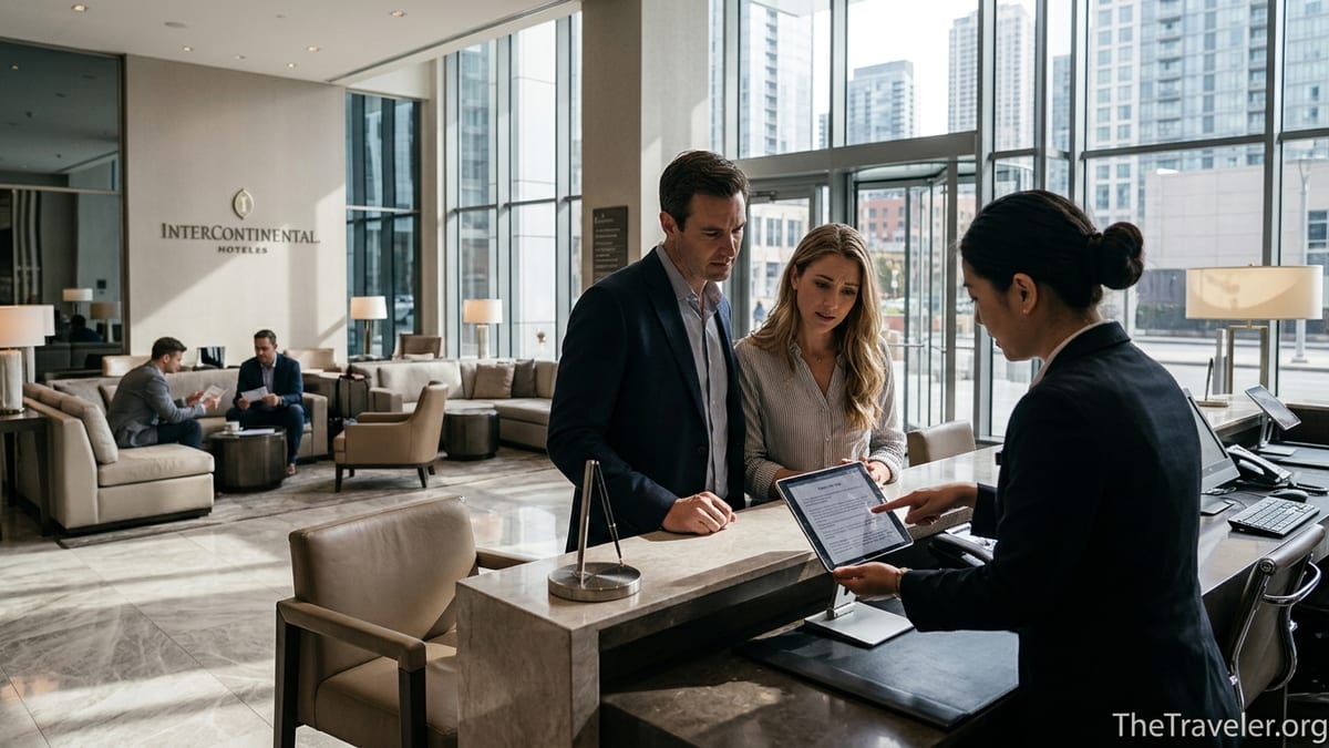 Travelers reviewing booking details with staff in an InterContinental hotel lobby