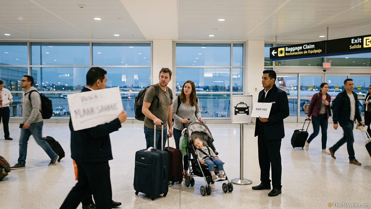 Travelers in an airport arrivals hall searching for their pre booked transfer driver.