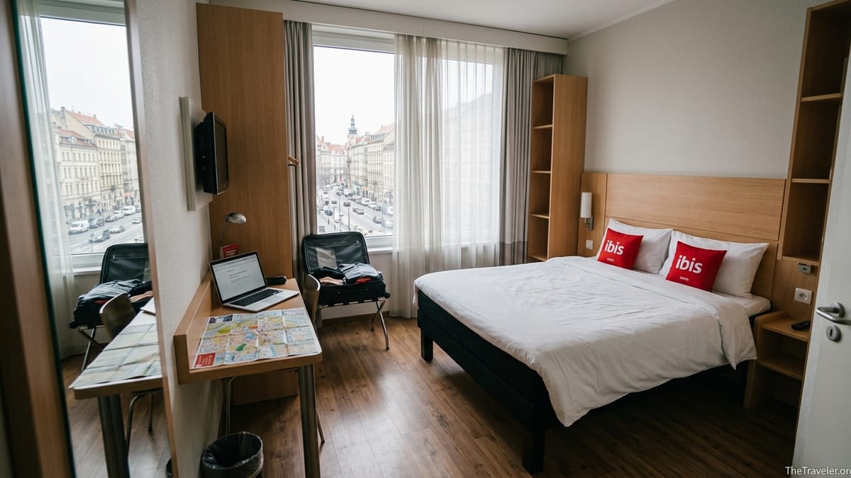 Compact Ibis hotel room with double bed, small desk, and suitcase in soft daylight