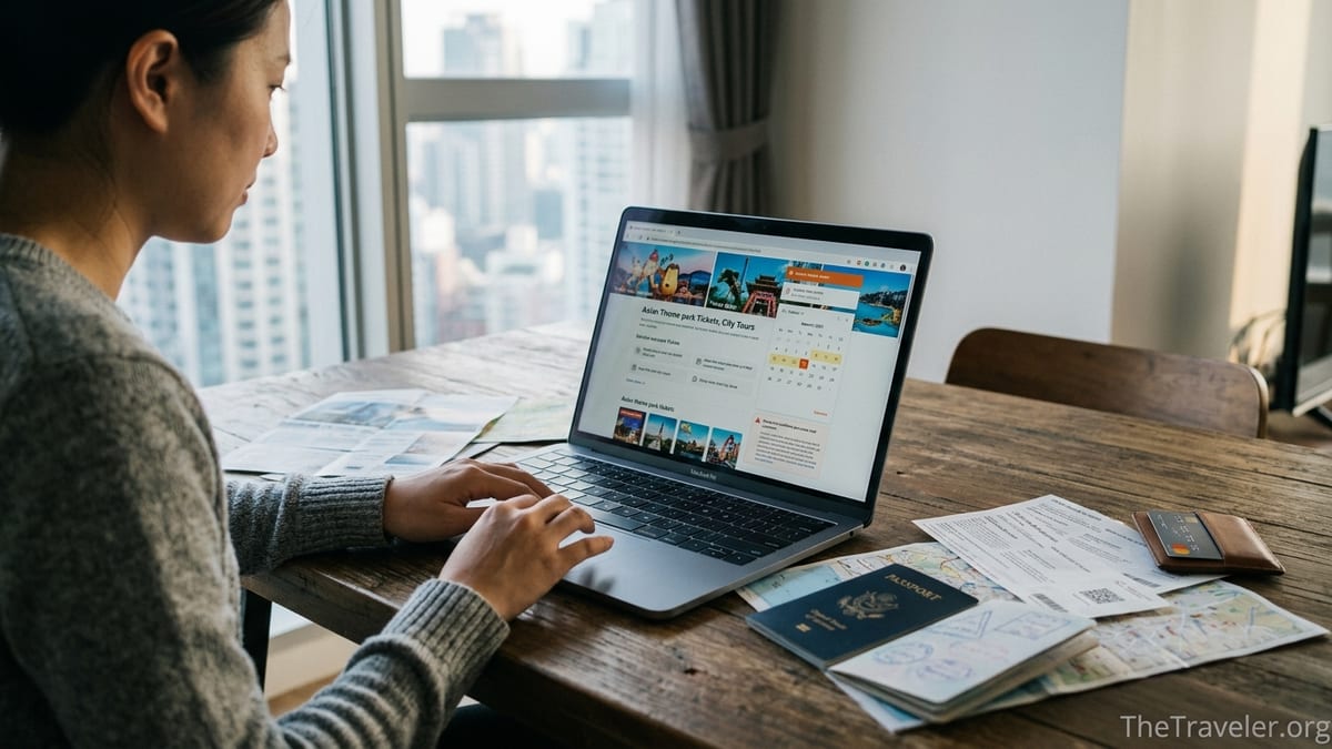 Traveler reviewing Klook bookings and vouchers on a laptop at a sunlit table.