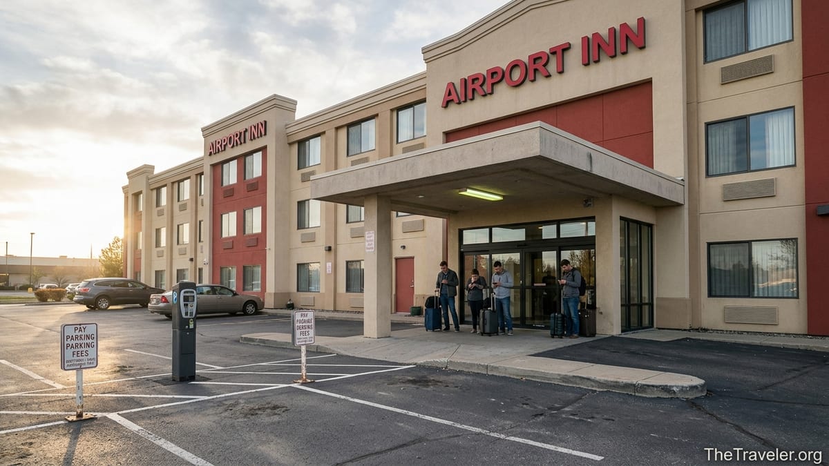 Travelers with suitcases outside a midscale airport hotel parking lot at sunset.