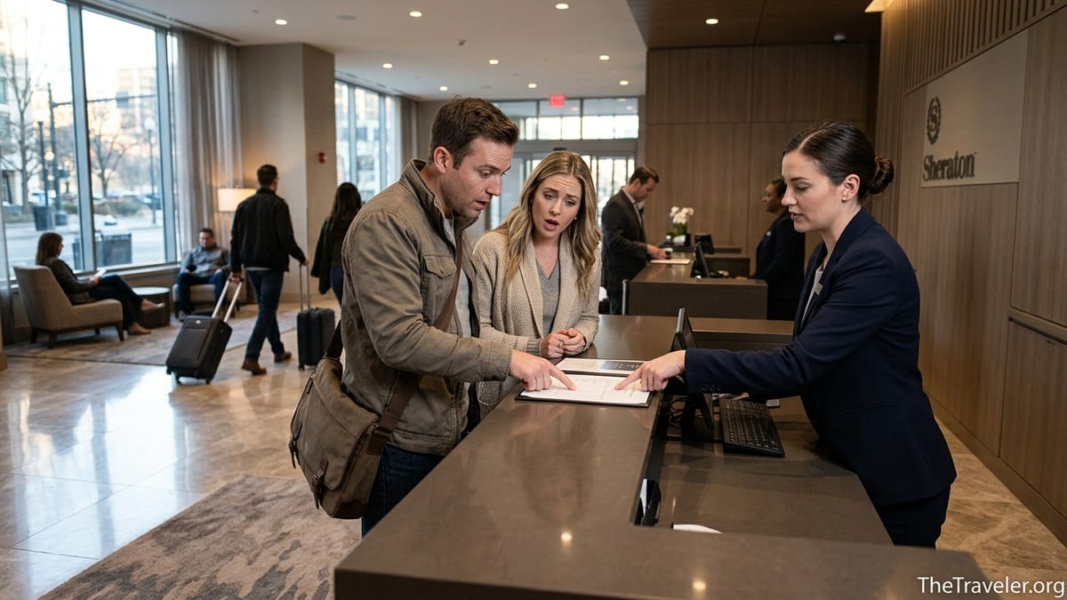 Travelers reviewing their bill at a Sheraton hotel front desk in a modern lobby