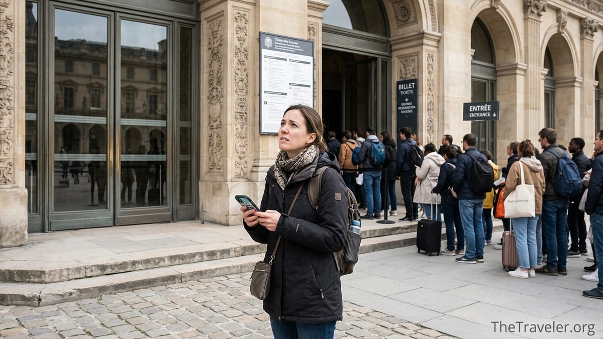 Traveler checking a tour app and tickets outside a busy European museum entrance.