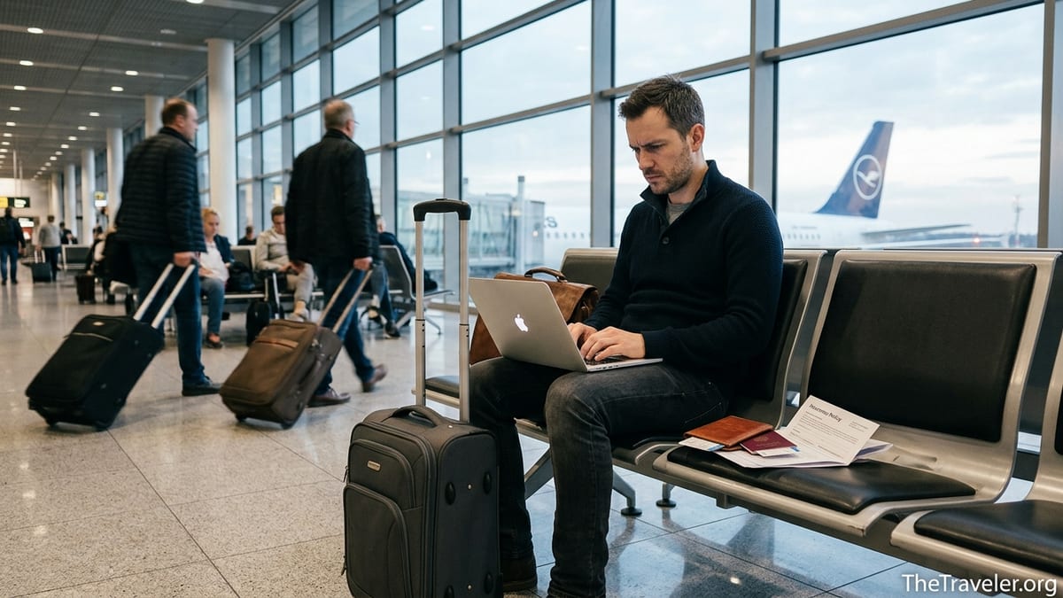 Traveler in an airport reviewing insurance documents beside a suitcase