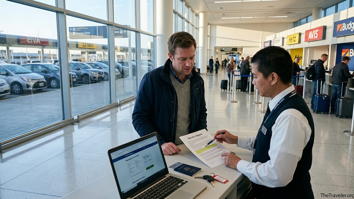 Traveler discussing a car rental contract and deposit at an airport counter.