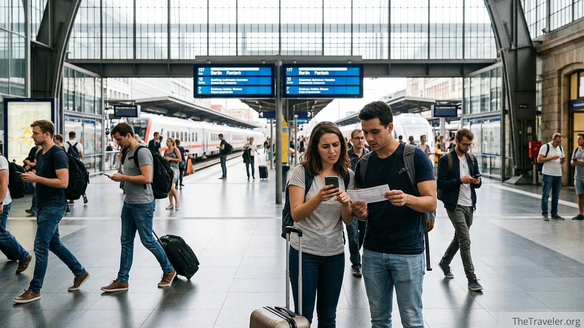 Travellers in a European train station checking confusing tickets on a phone.