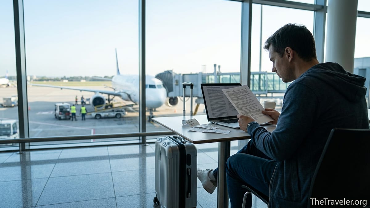 Traveler reviewing printed travel insurance documents at an airport gate table.