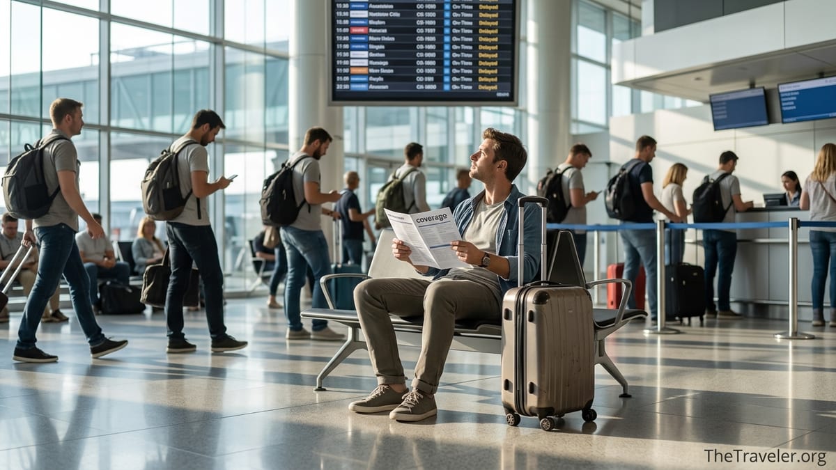 Traveler reviewing travel insurance papers in a busy airport terminal.