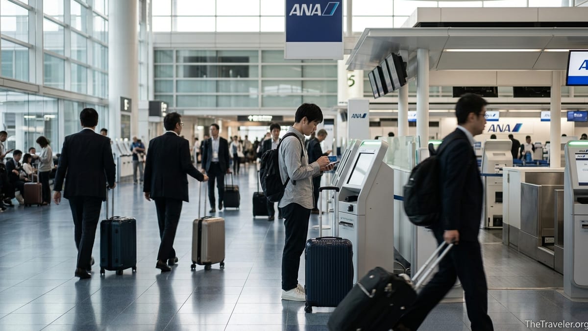 Traveler holding an ANA credit card at Haneda Airport check-in area in Tokyo.
