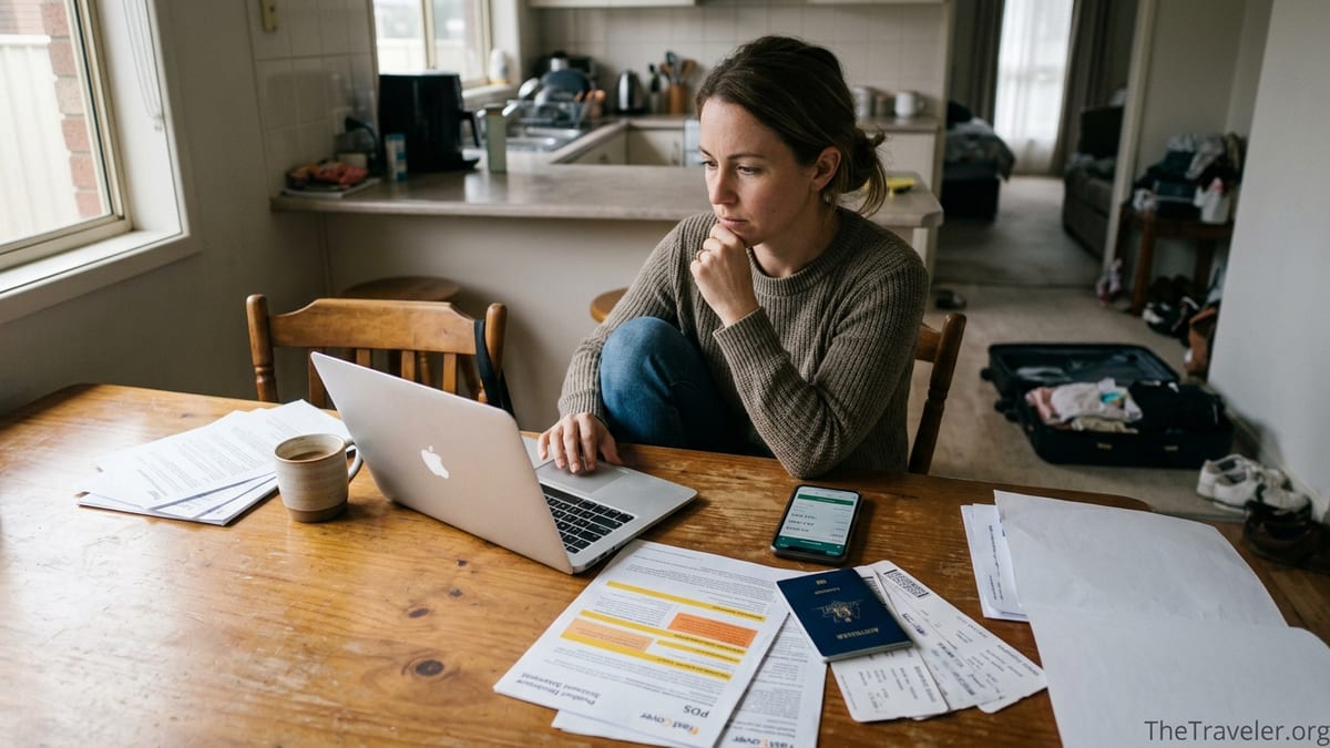 Traveller reviewing Fast Cover travel insurance documents and laptop quote at kitchen table.