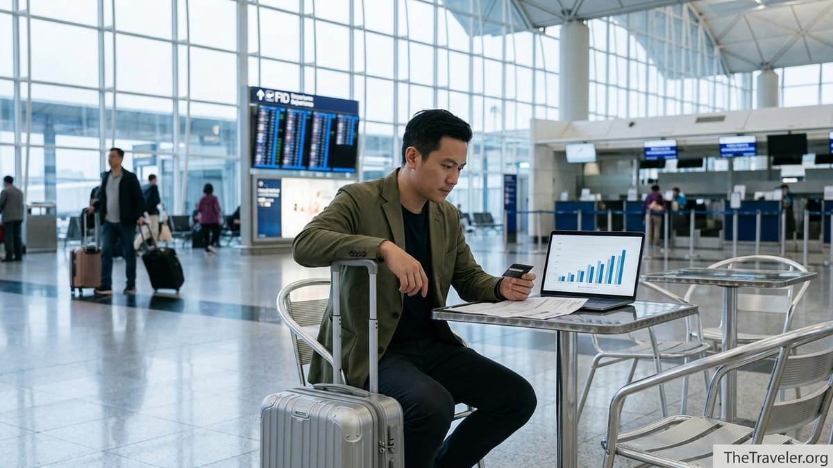 Traveler at Hong Kong airport reviewing credit card costs beside suitcase and laptop.