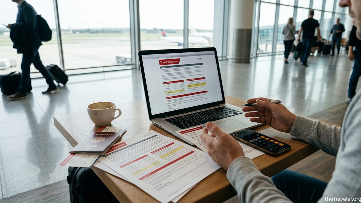 Traveler comparing travel insurance documents and costs in an airport lounge.